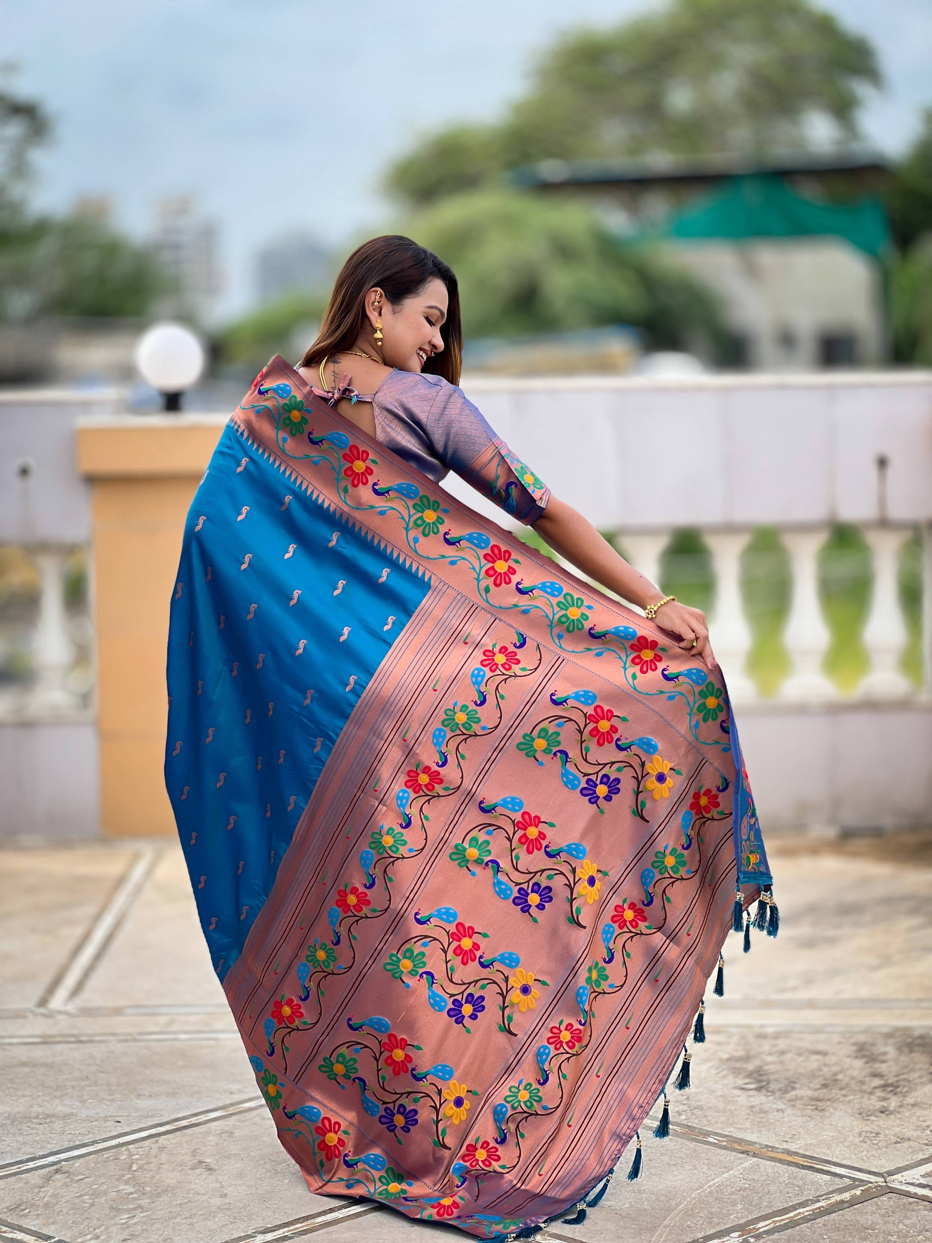 Vedant Vastram Soft Litchi Silk Paithani Jacquard Saree - Skyblue - Dista