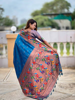 Thumbnail for Vedant Vastram Soft Litchi Silk Paithani Jacquard Saree - Skyblue - Dista
