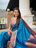 Thumbnail for Vedant Vastram Soft Litchi Silk Paithani Jacquard Saree - Skyblue - Dista