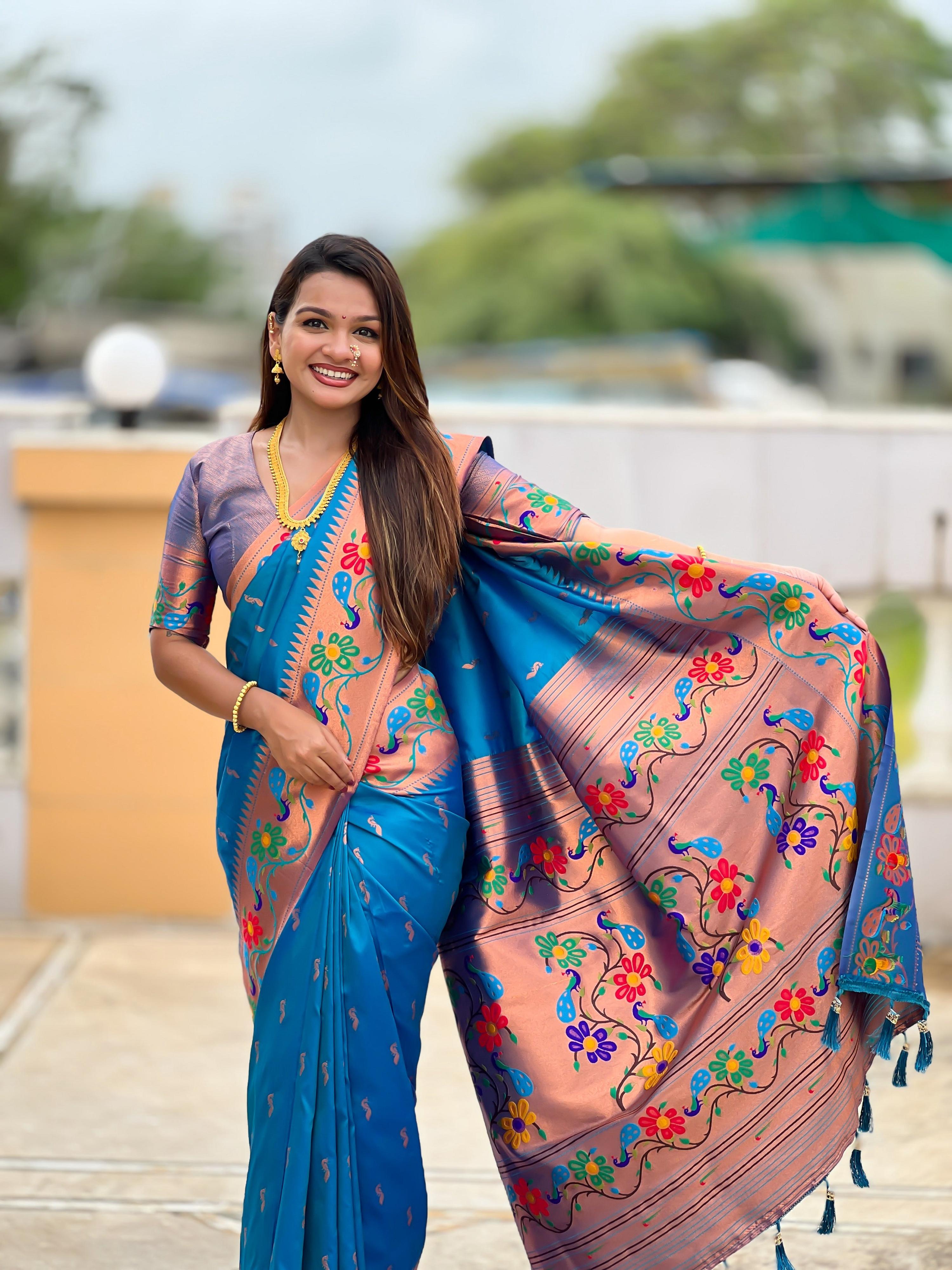 Vedant Vastram Soft Litchi Silk Paithani Jacquard Saree - Skyblue - Dista