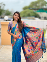 Thumbnail for Vedant Vastram Soft Litchi Silk Paithani Jacquard Saree - Skyblue - Dista