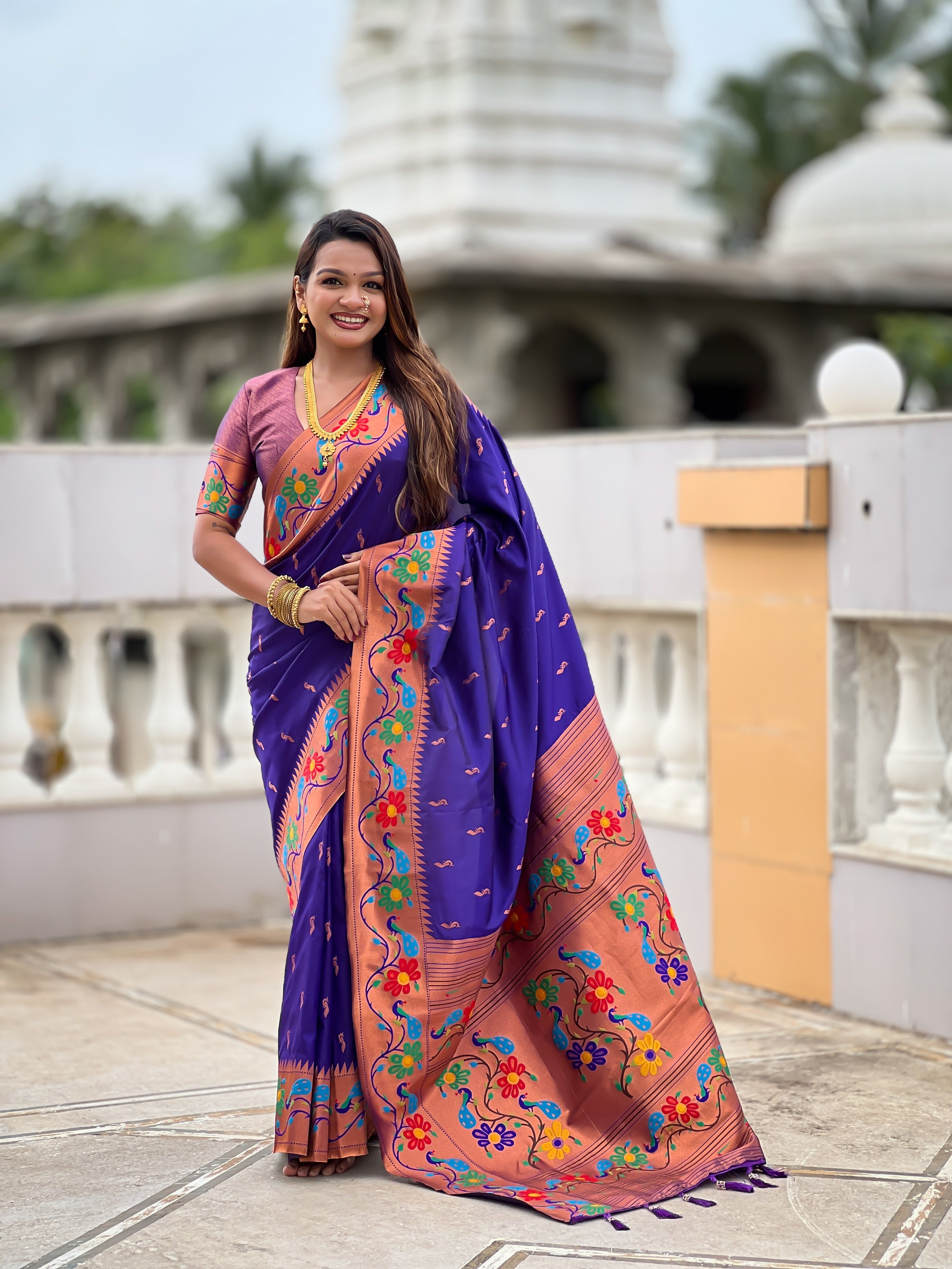 Vedant Vastram Soft Litchi Silk Paithani Jacquard Saree - Violet - Dista
