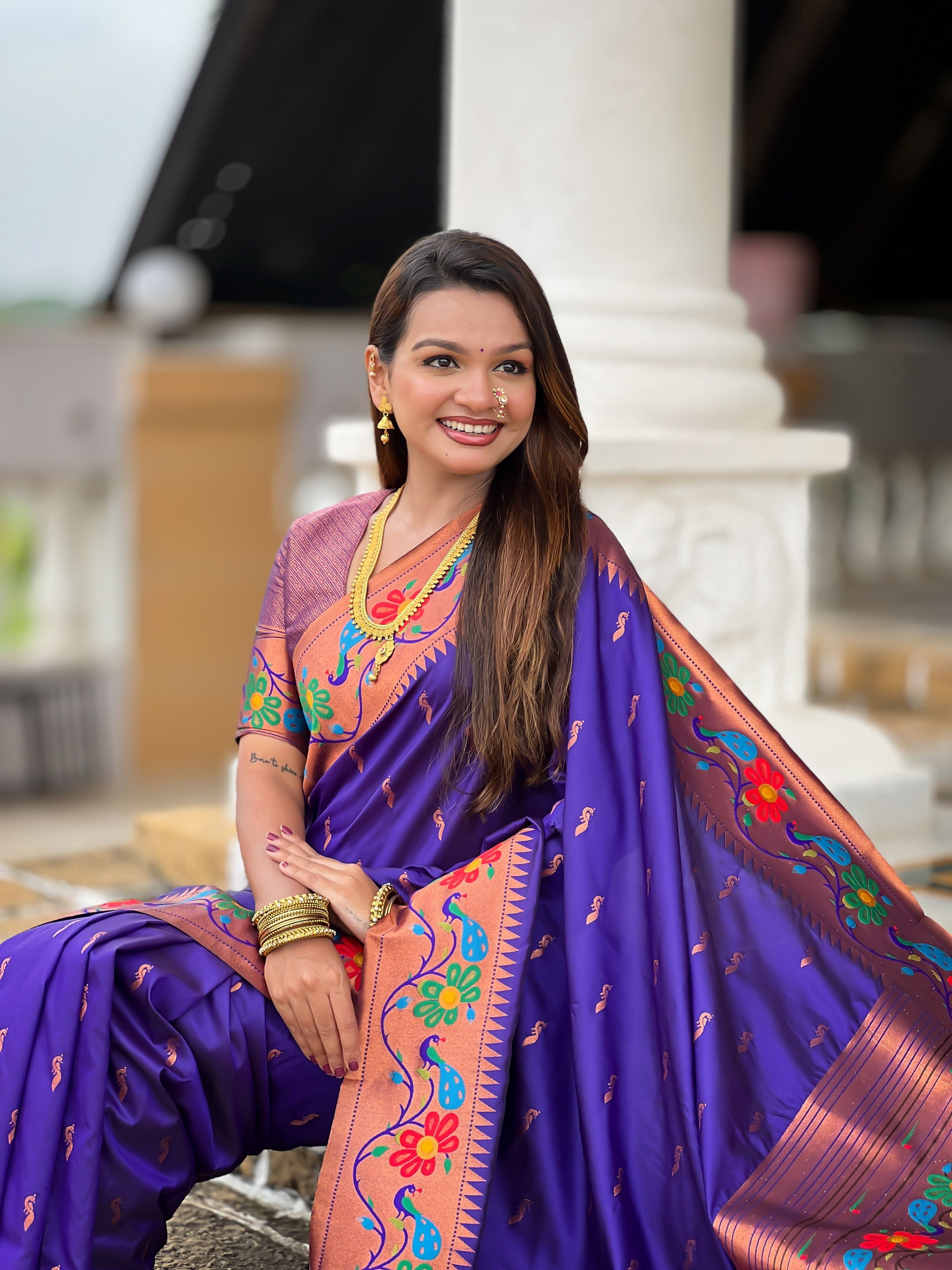 Vedant Vastram Soft Litchi Silk Paithani Jacquard Saree - Violet - Dista