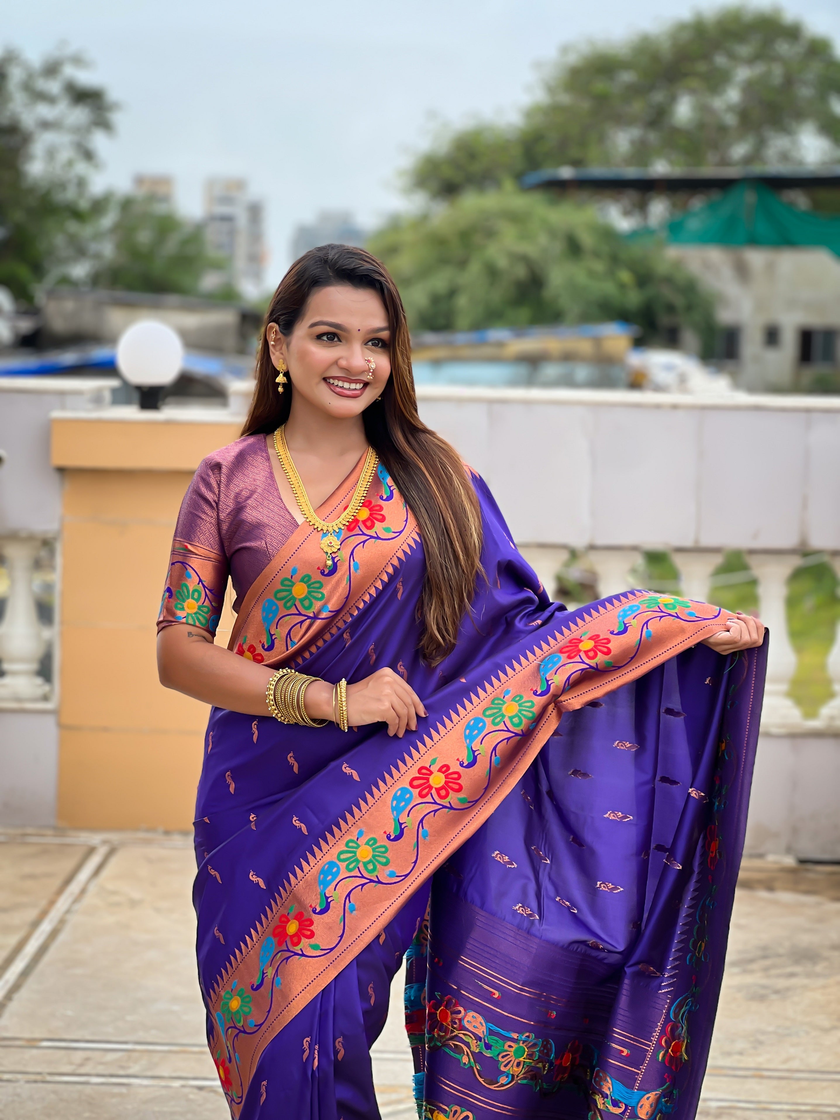 Vedant Vastram Soft Litchi Silk Paithani Jacquard Saree - Violet - Dista