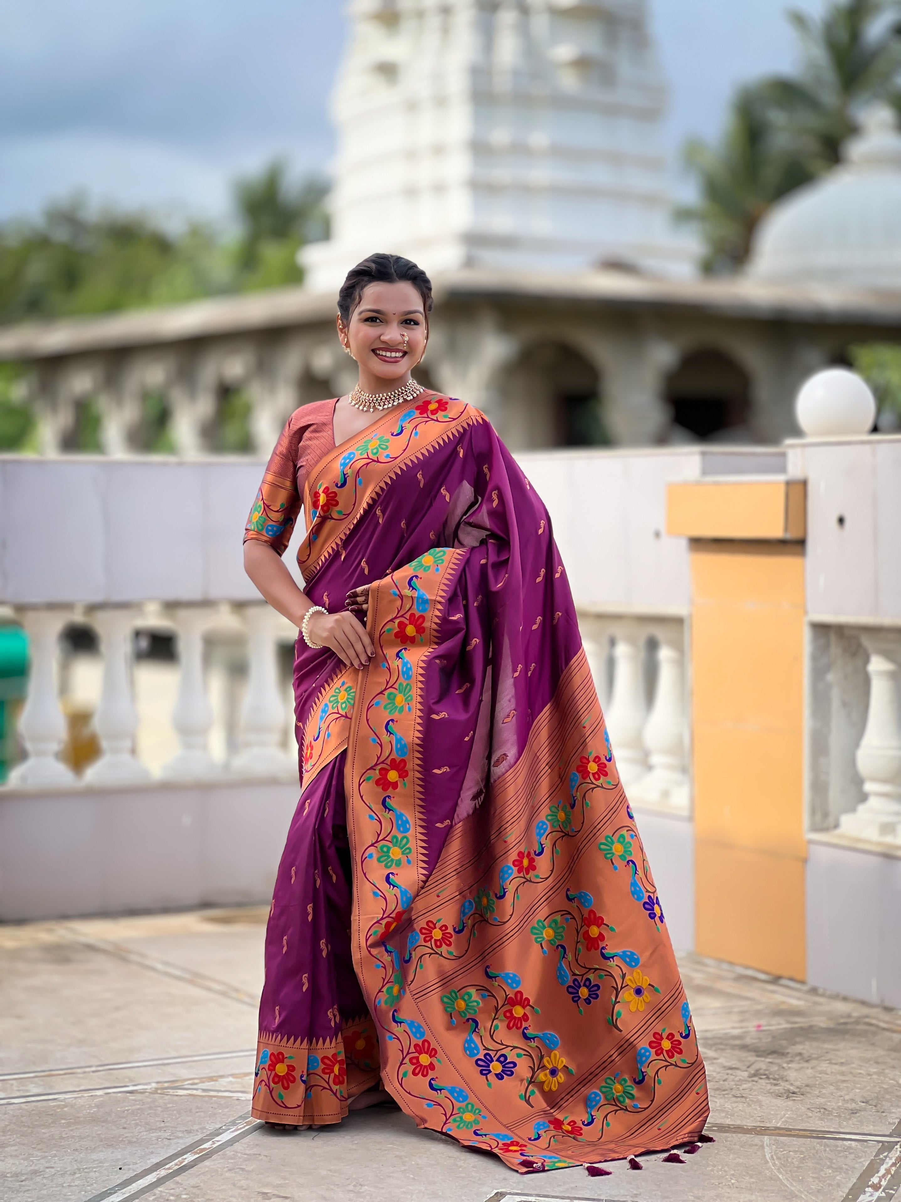 Vedant Vastram Soft Litchi Silk Paithani Jacquard Saree - Wine - Dista