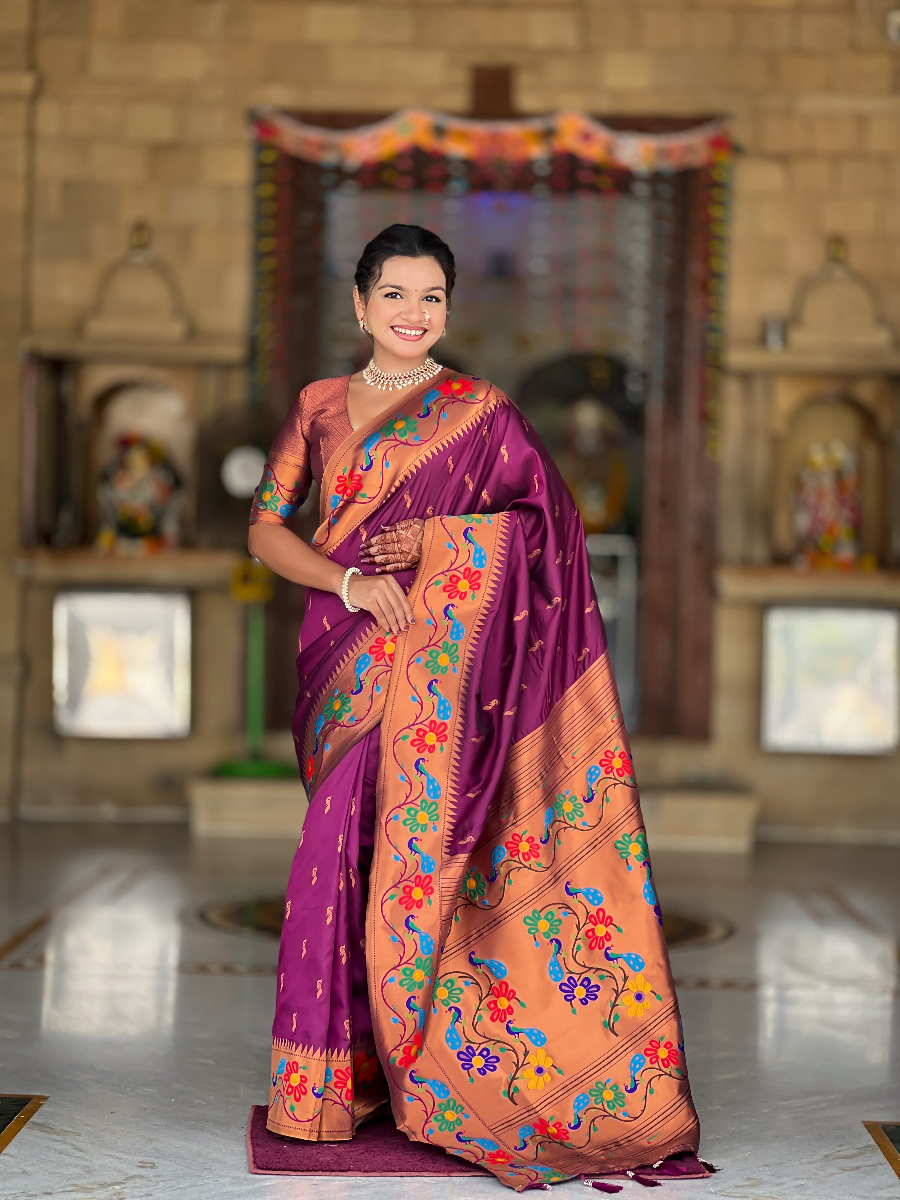 Vedant Vastram Soft Litchi Silk Paithani Jacquard Saree - Wine - Dista