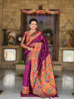 Thumbnail for Vedant Vastram Soft Litchi Silk Paithani Jacquard Saree - Wine - Dista