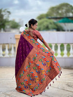 Thumbnail for Vedant Vastram Soft Litchi Silk Paithani Jacquard Saree - Wine - Dista