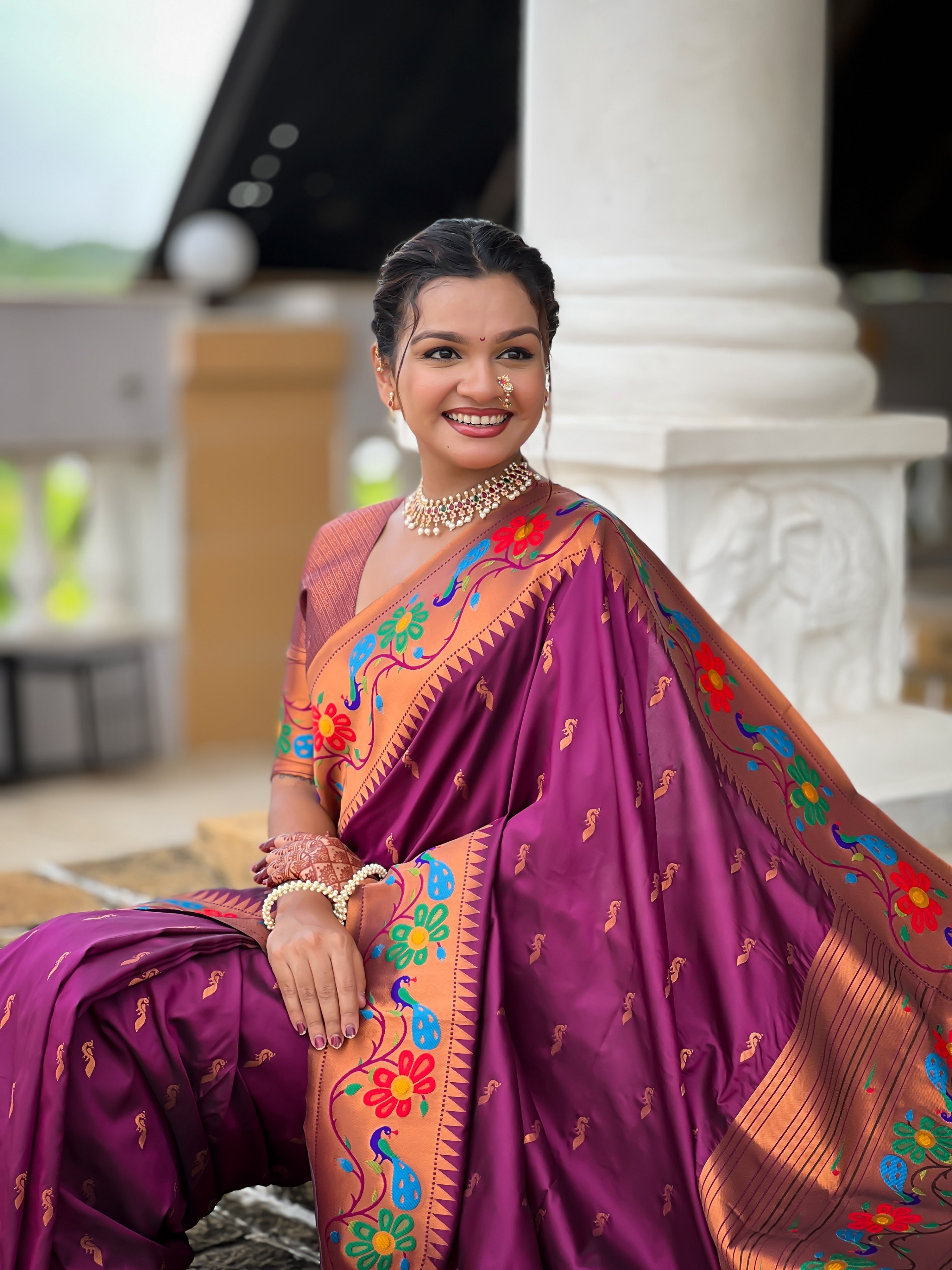Vedant Vastram Soft Litchi Silk Paithani Jacquard Saree - Wine - Dista