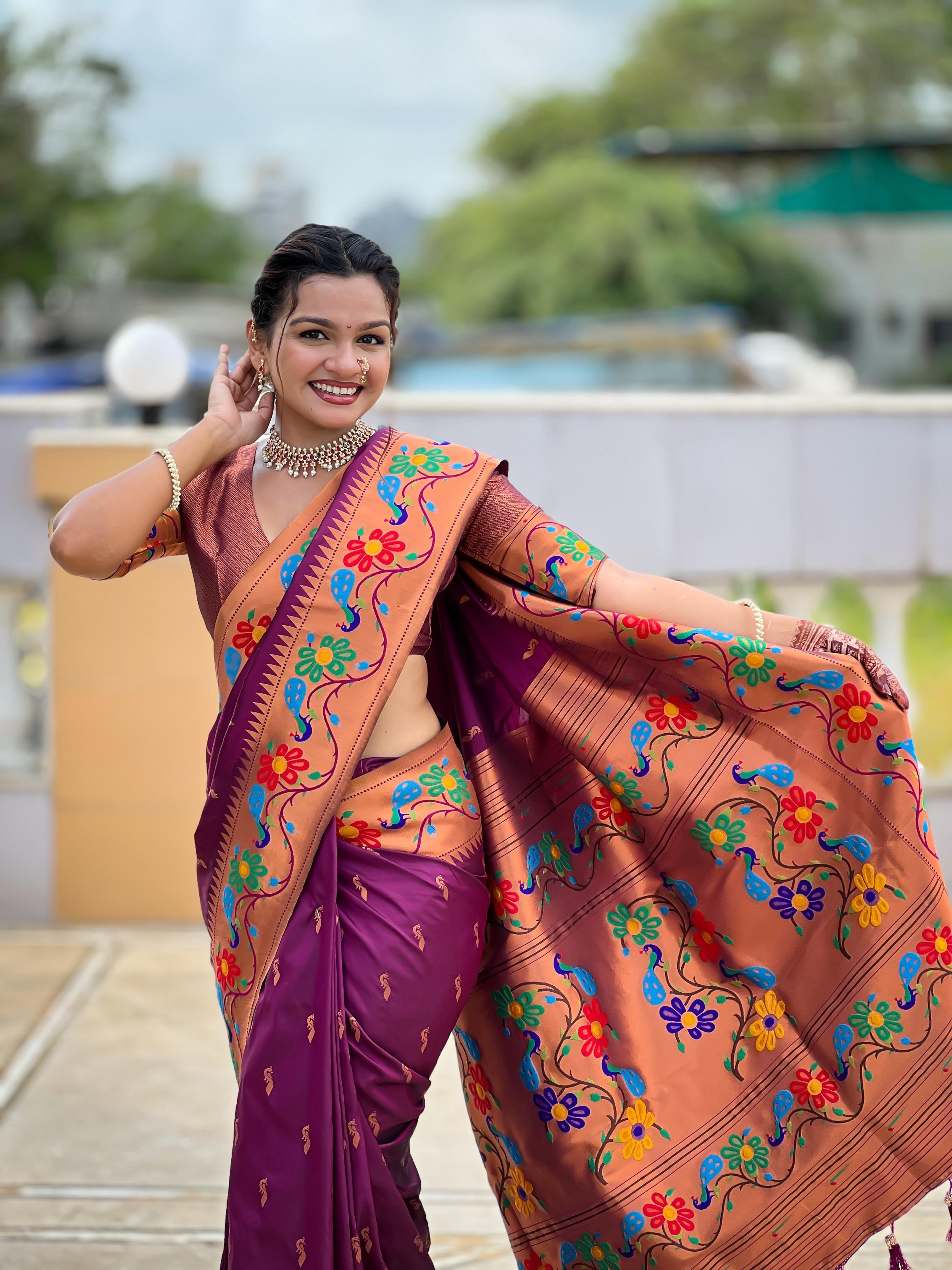 Vedant Vastram Soft Litchi Silk Paithani Jacquard Saree - Wine - Dista