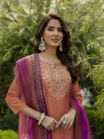 Thumbnail for The52 Orange Women's Gorgeous Embroidered Rayon Fabric with Straight Kurta, Pant and Dupatta Set - Distacart