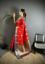 Thumbnail for Joban Fashion Red Intricate Zari Weaving Soft Silk Banarasi Saree - Distacart