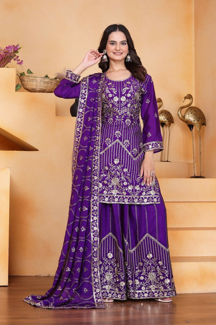 Joban Fashion Purple Silk Embroidered Sharara Set - Distacart