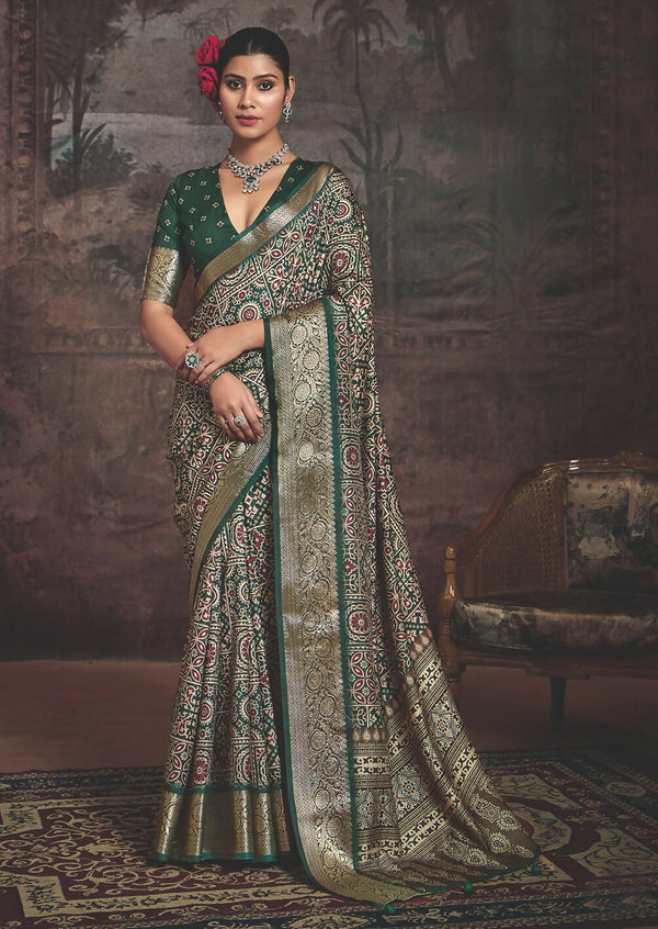Joban Fashion Green Art Silk With Fine Viscose Border Ajrak Full Body Print With Soft Finish Saree