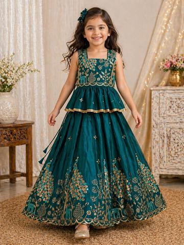 Evanik Blue Pure Gold Crush With Peacock Design Work Kids Lehenga Choli - Dista