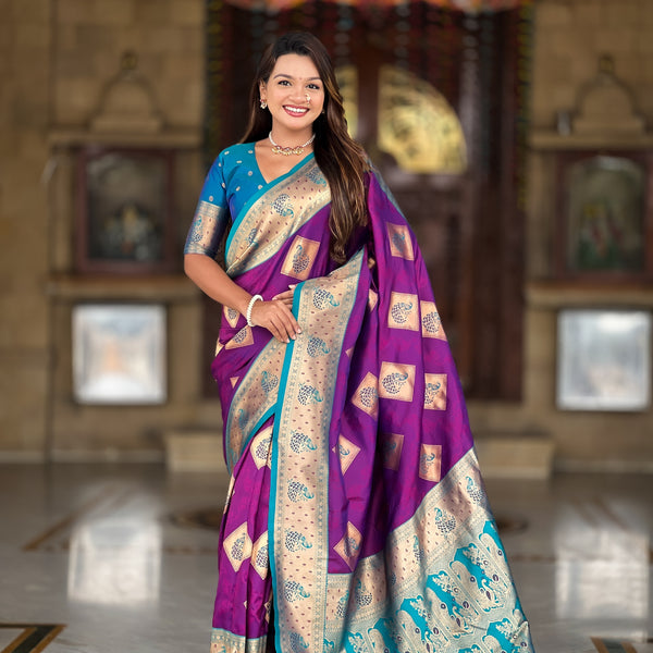 Vedant Vastram Soft Litchi Silk Banarasi Silk Jacquard Saree - Magenta - Dista