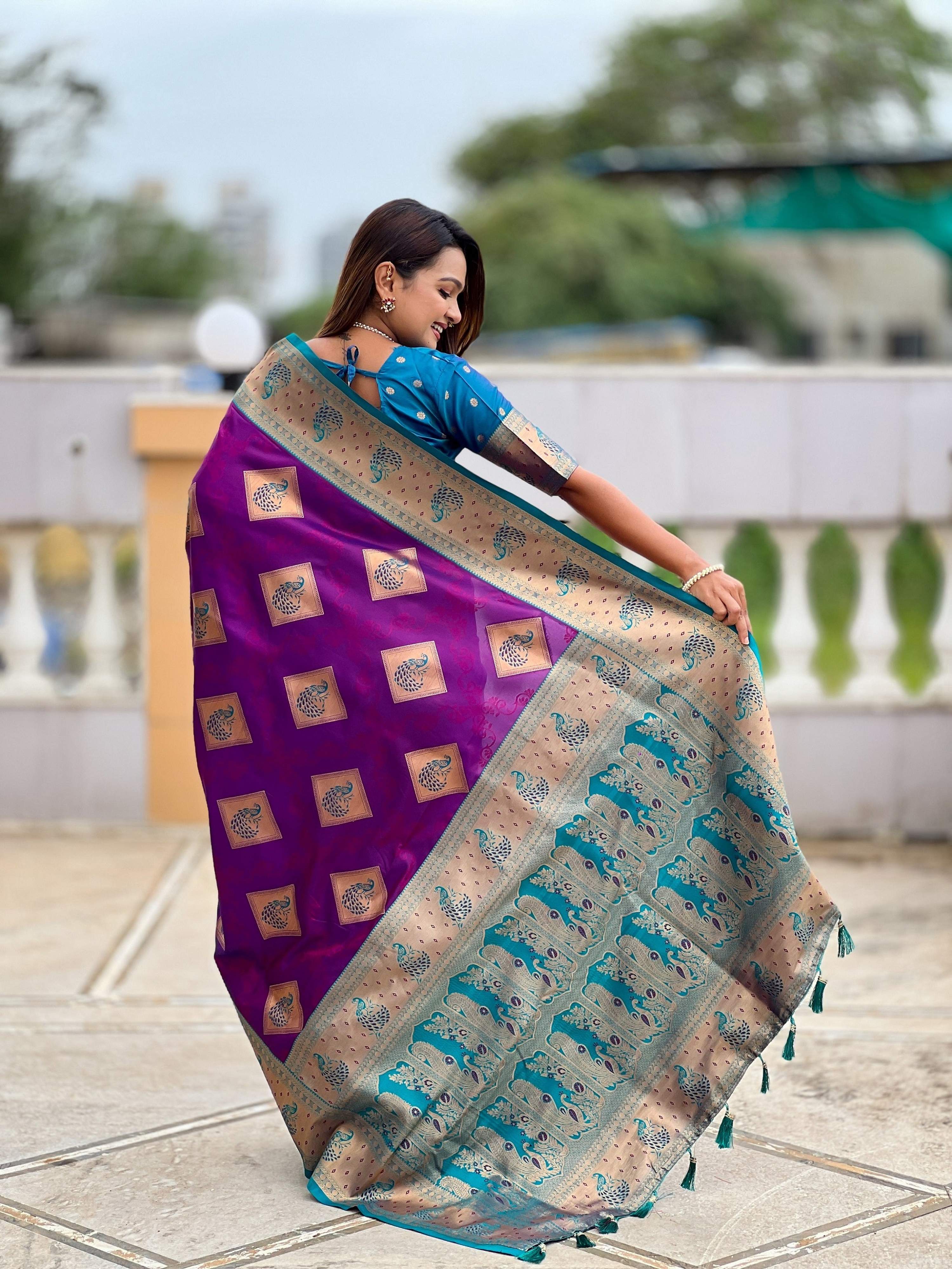 Vedant Vastram Soft Litchi Silk Banarasi Silk Jacquard Saree - Magenta - Dista