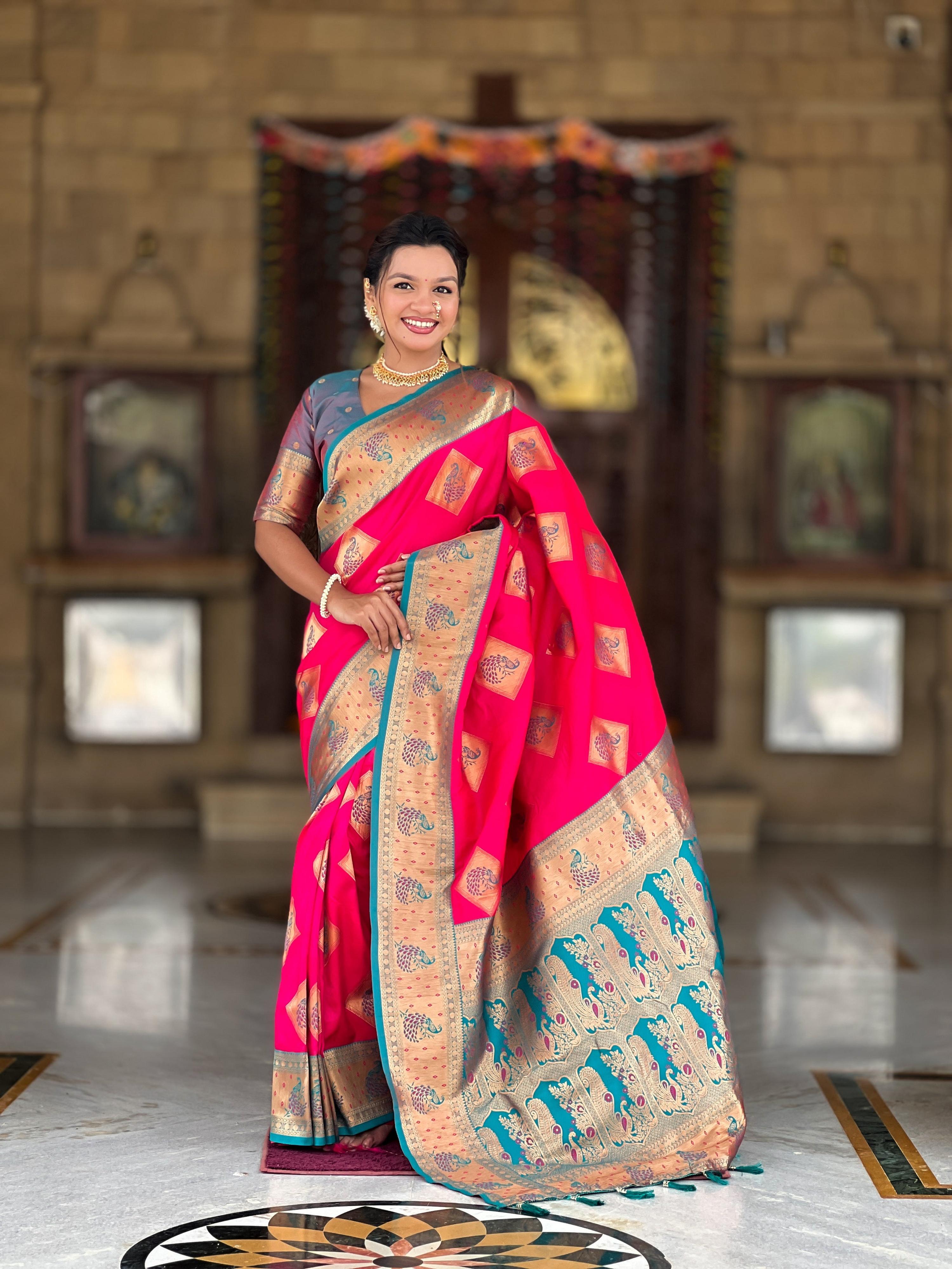 Vedant Vastram Soft Litchi Silk Banarasi Silk Jacquard Saree - Pink - Dista