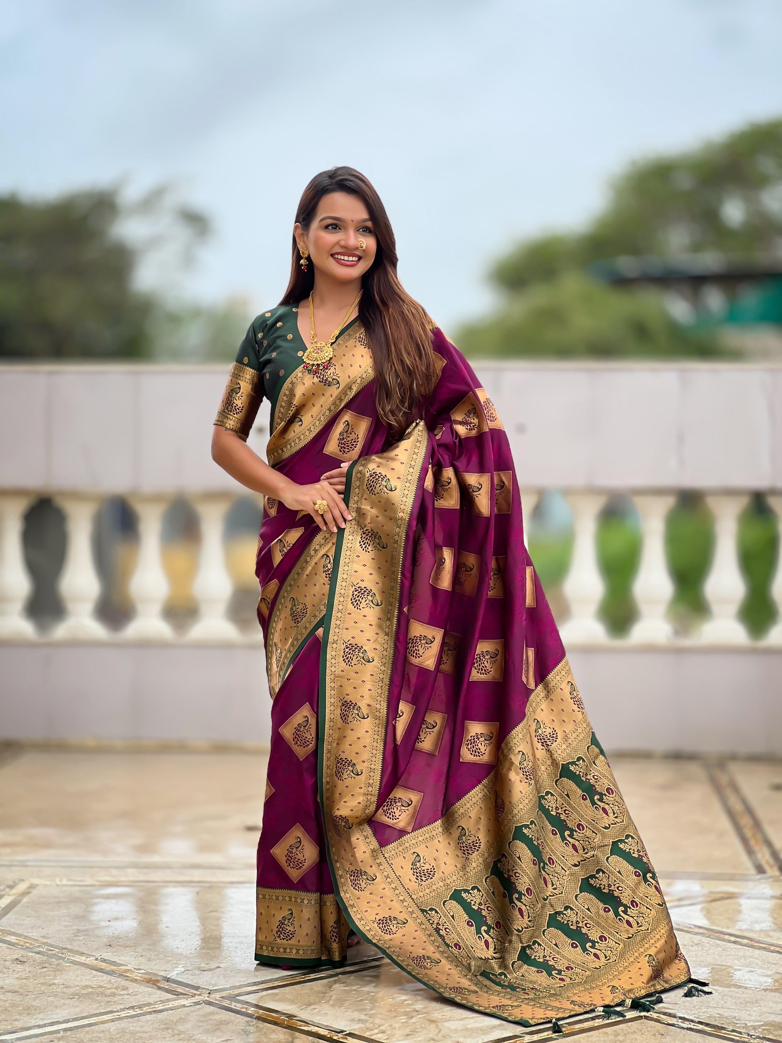 Vedant Vastram Soft Litchi Silk Banarasi Silk Jacquard Saree - Wine - Dista