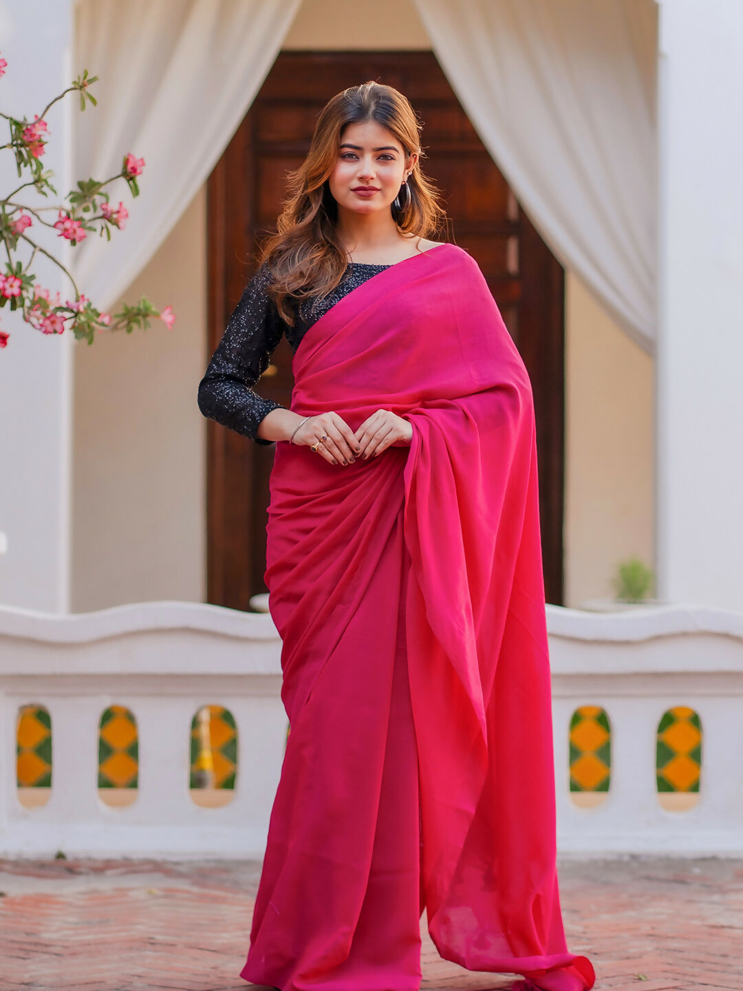 Zibaa Hand-Dyed Mul Cotton Pink Saree with Tassels - Distacart