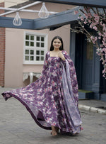 Thumbnail for Jyoti Fashion Women's Wine Faux Georgette Floral Digital Printed Anarkali Dress with Dupatta - Distacart