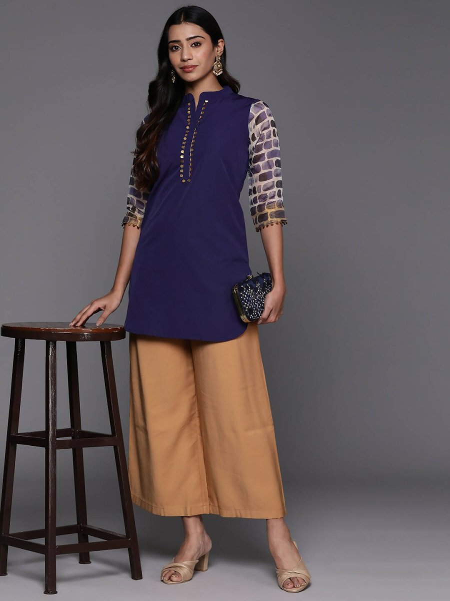 Ahalyaa Blue & Gold-Toned Mandarin Collar Printed Tunic - Blue Color - Distacart