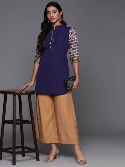 Ahalyaa Blue & Gold-Toned Mandarin Collar Printed Tunic - Blue Color - Distacart