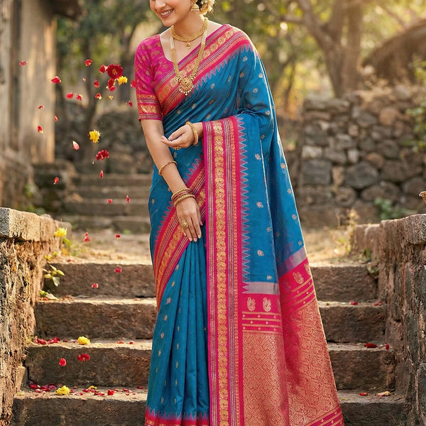 Anaita Blue Silk Woven Saree With Blouse - Distacart