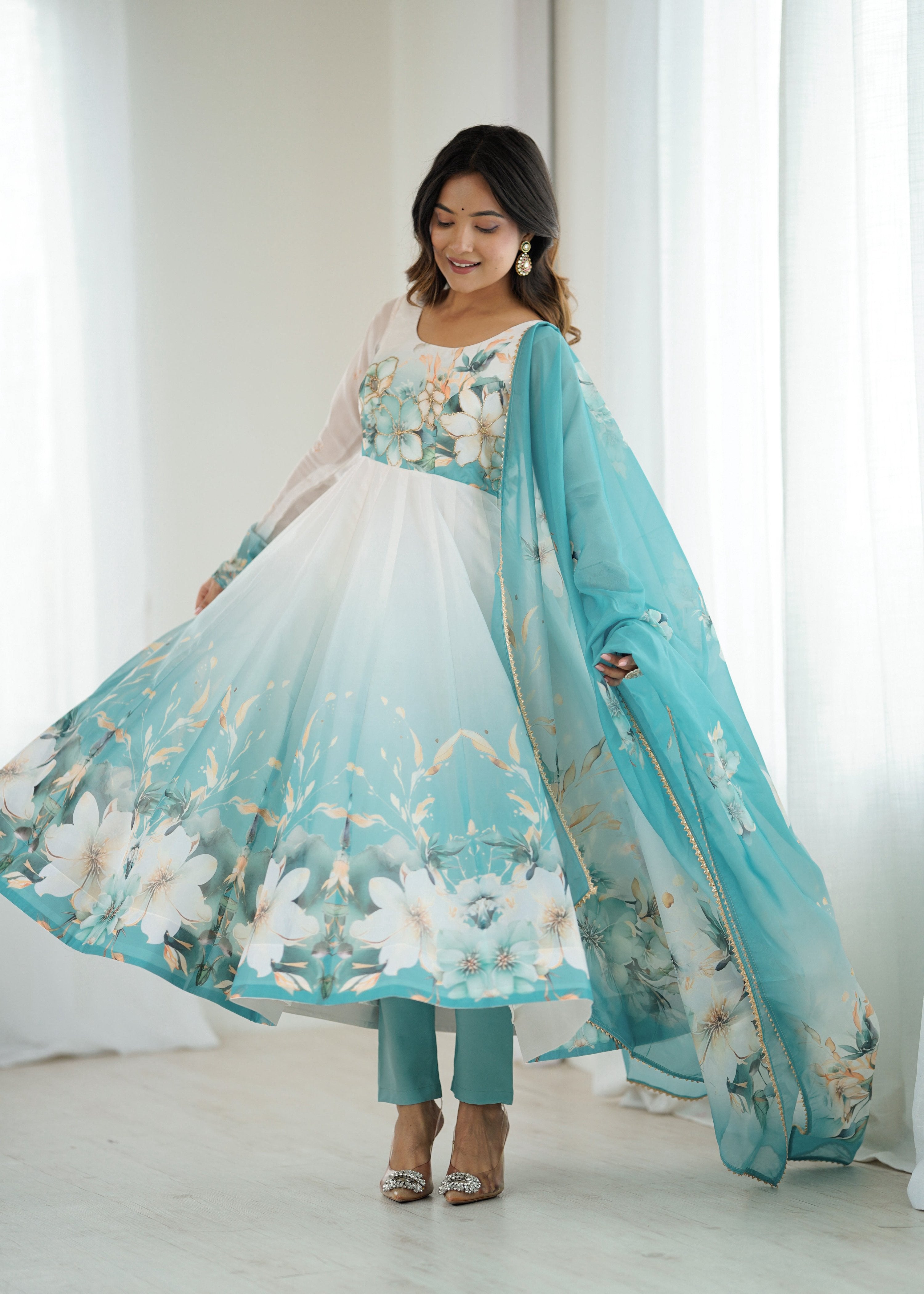 Lorenvalley Fashion Soft Organza Silk Front On Fancy Badla Jari Work Flower Position Print Outing Work Anarkali Kurta Pant With Dupatta Set - Distacart