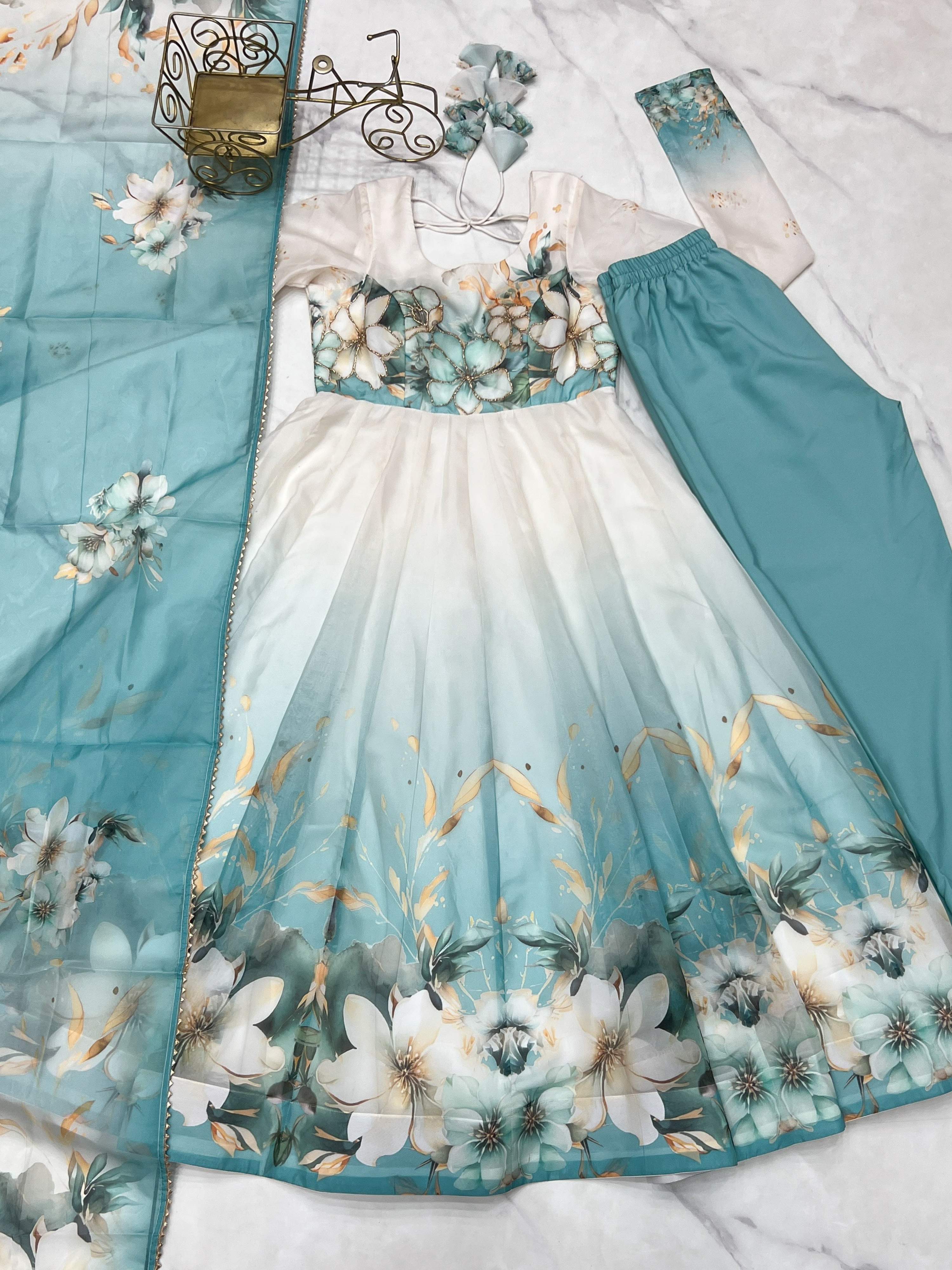 Lorenvalley Fashion Soft Organza Silk Front On Fancy Badla Jari Work Flower Position Print Outing Work Anarkali Kurta Pant With Dupatta Set