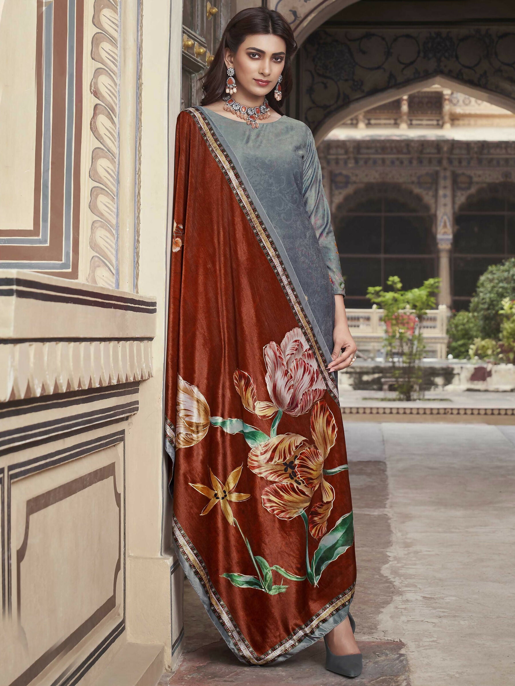 Jyoti Fashion Women's Grey Velvet Floral Digital Printed Kurta with Trouser & Dupatta - Distacart