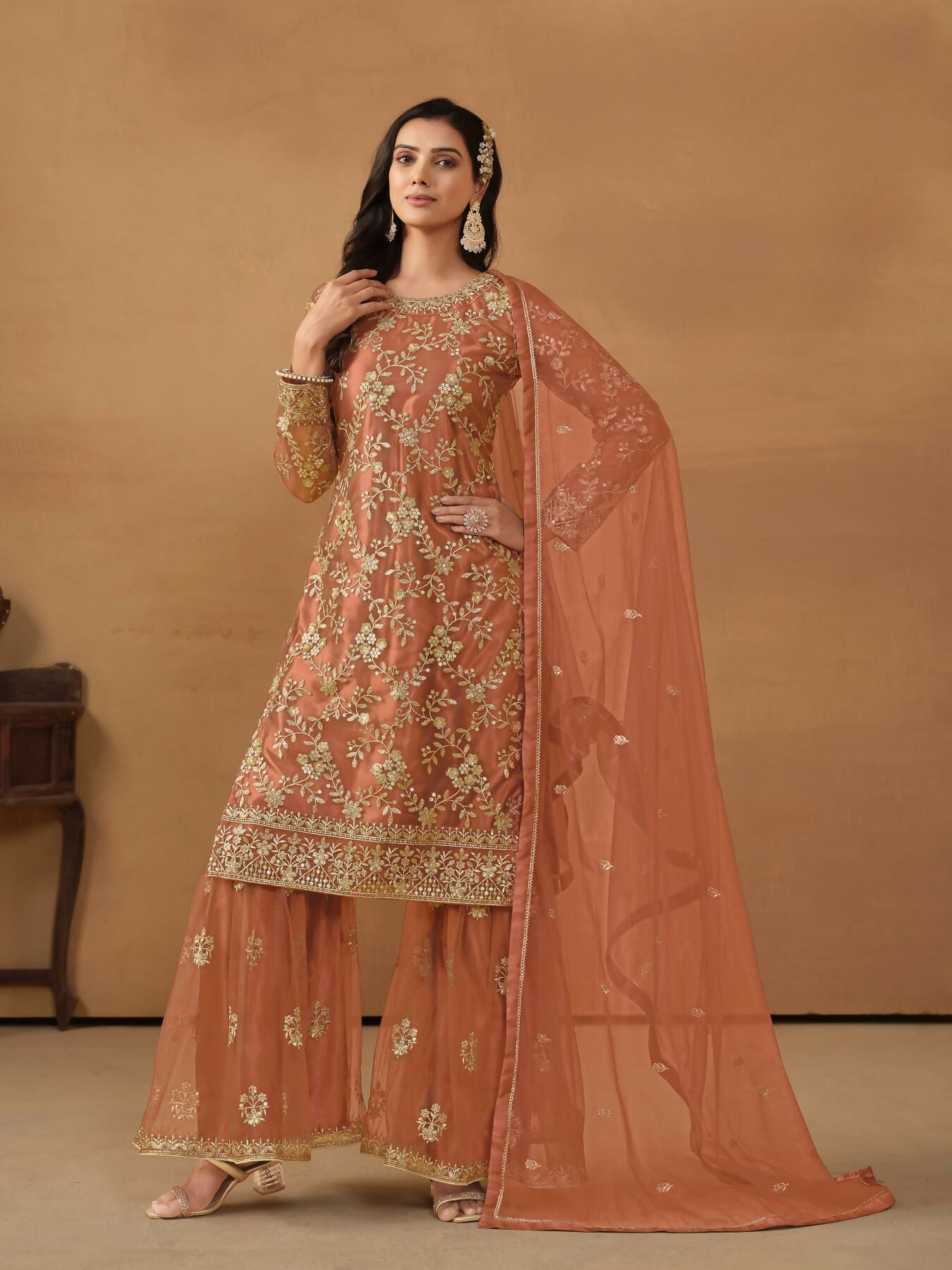 Anaita Brown Embroidered Net Salwar Suit - Distacart