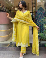 Thumbnail for The52 Yellow Women's Gorgeous Embroidered Georgette Fabric Straight Kurta Pant with Dupatta Set - Distacart