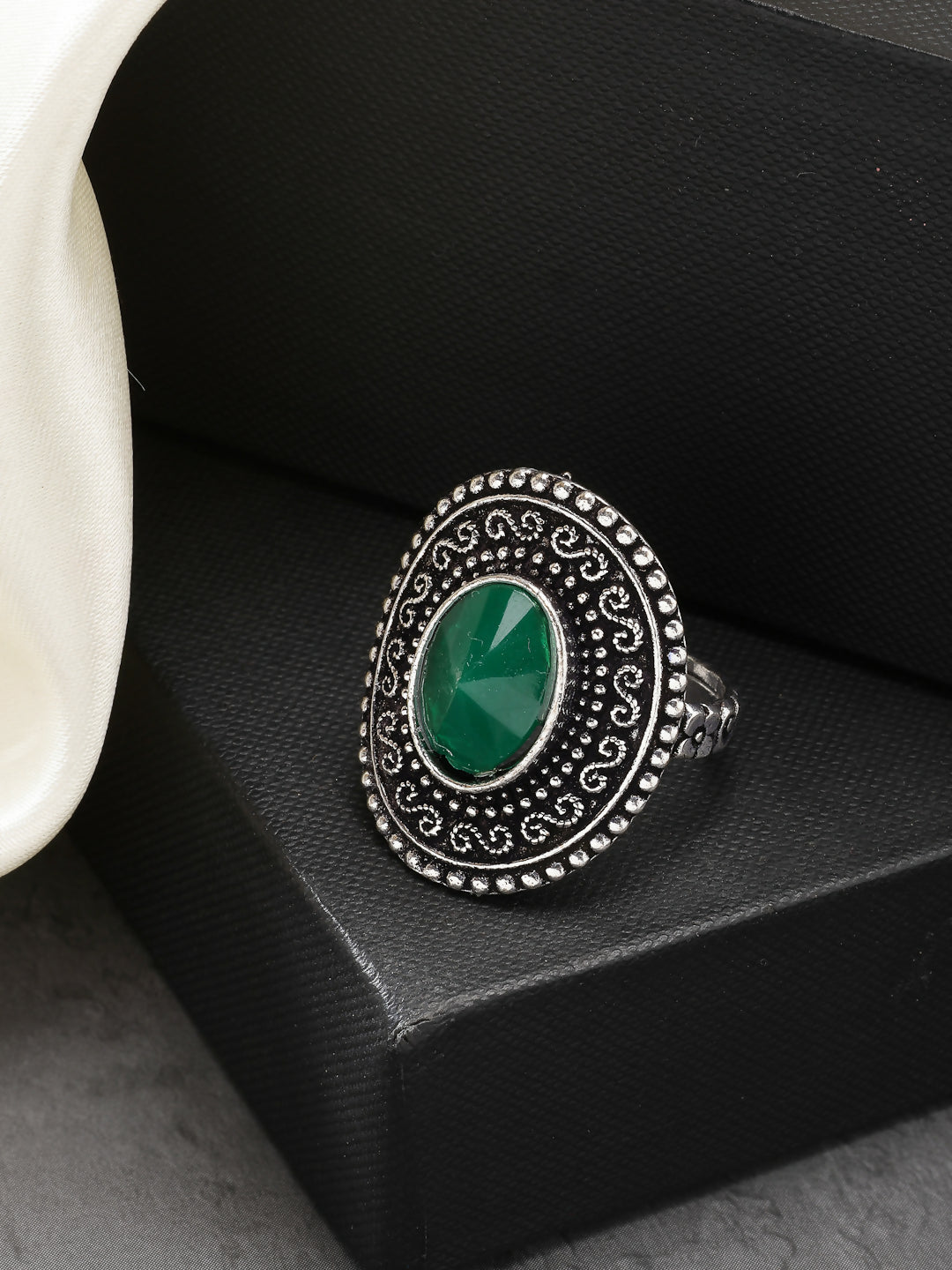 NVR Women's Green Silver-Toned German Silver Adjustable Finger Ring - Distacart