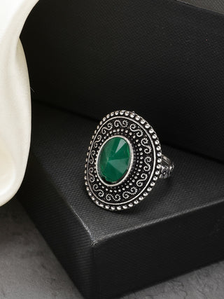 NVR Women's Green Silver-Toned German Silver Adjustable Finger Ring - Distacart