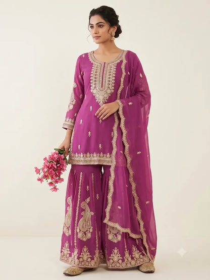 Teeya Creation Rani Pink Heavy Embroidered Sequins Sharara Set - Dista