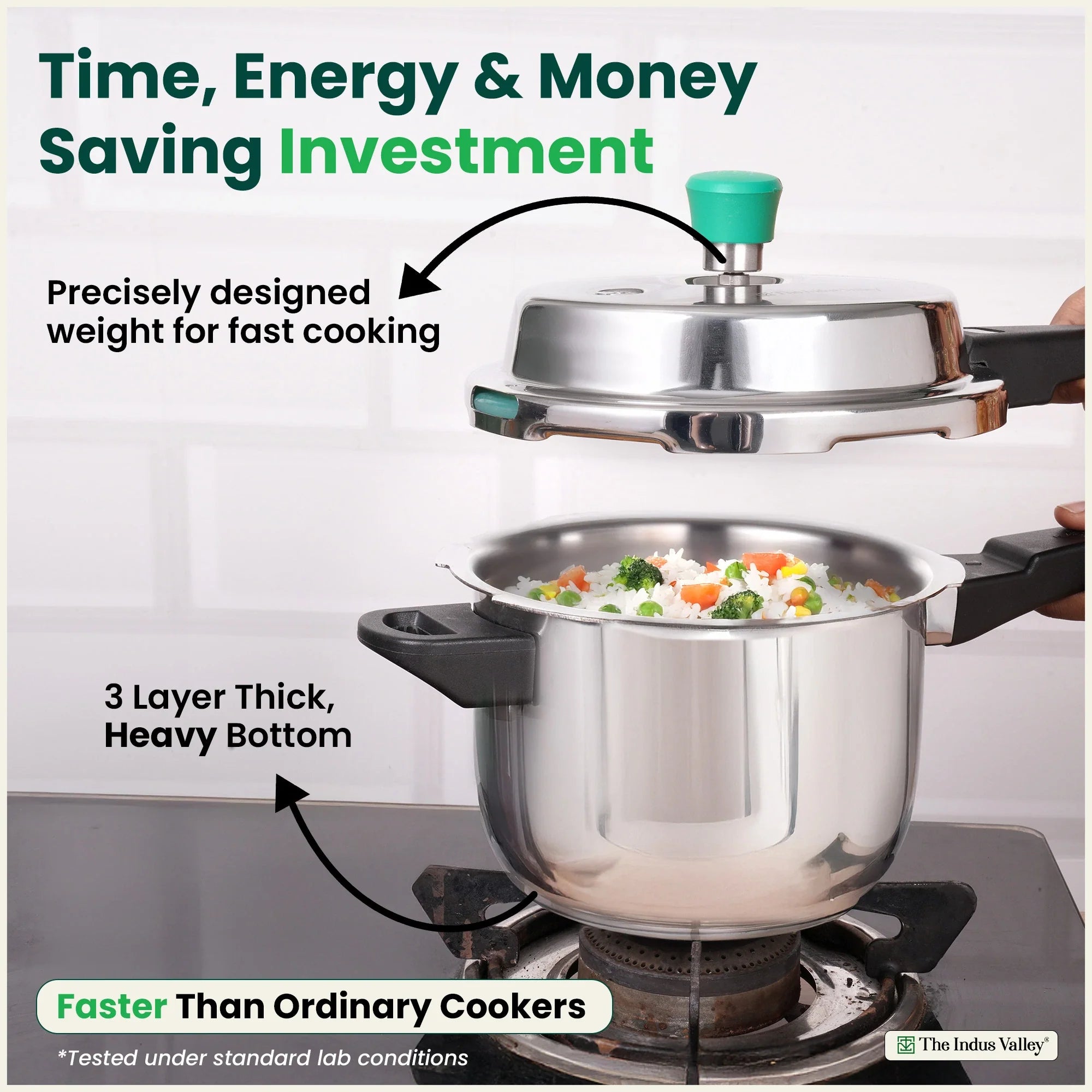 The Indus Valley QuicKooker Tri-Steel Stainless Steel Pressure Cooker, Premium Quality, 3 Layer Heavy Bottom, 100% Safe, ISI Certified, Induction & Gas, 3/5 L