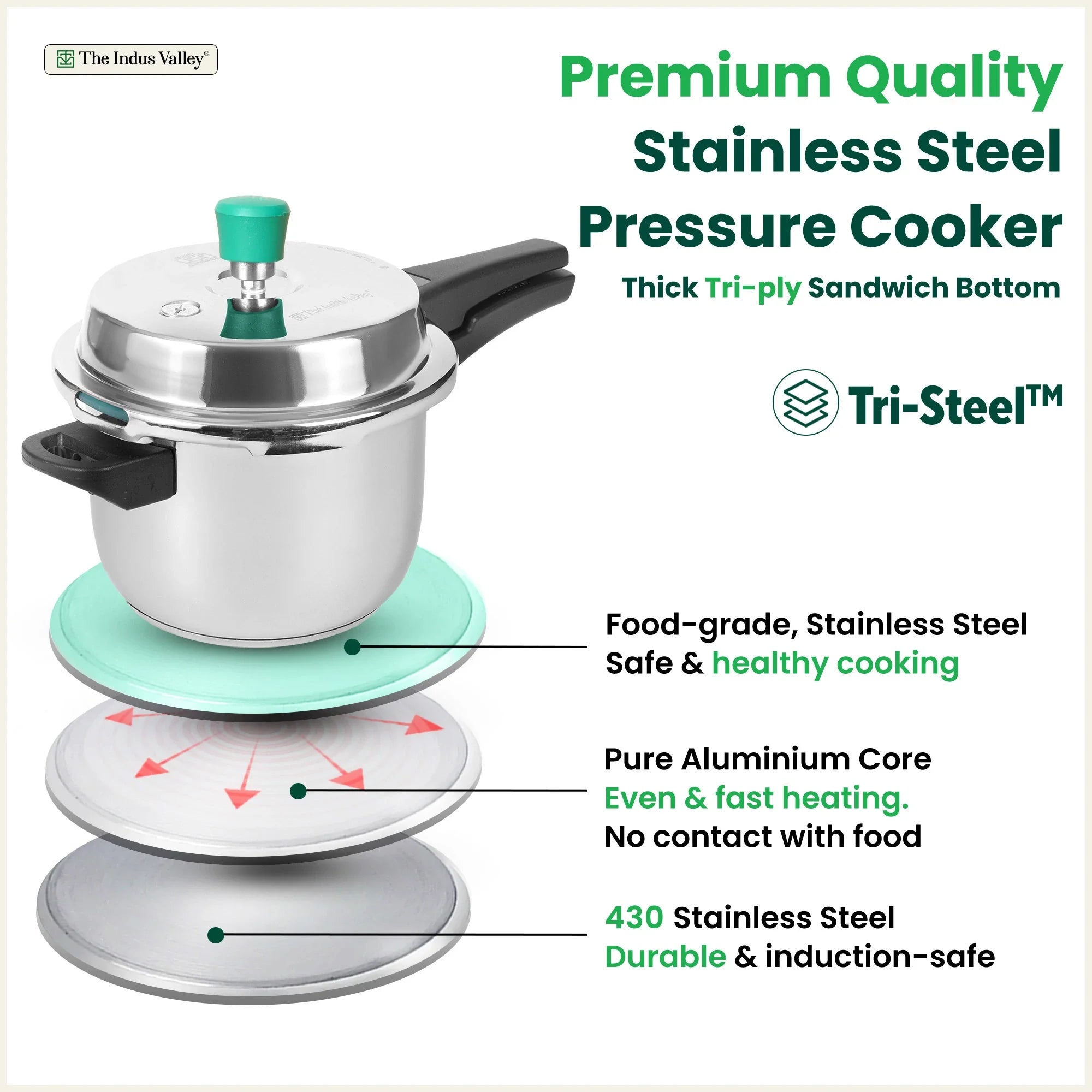 The Indus Valley QuicKooker Tri-Steel Stainless Steel Pressure Cooker, Premium Quality, 3 Layer Heavy Bottom, 100% Safe, ISI Certified, Induction & Gas, 3/5 L