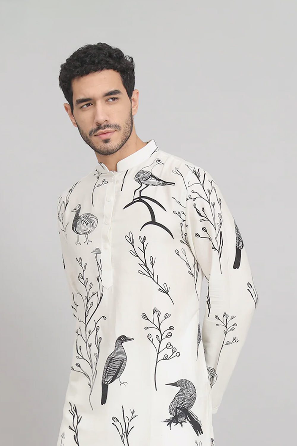 Feathered Birds Print Cotton Kurta by Hilo Design - Distacart