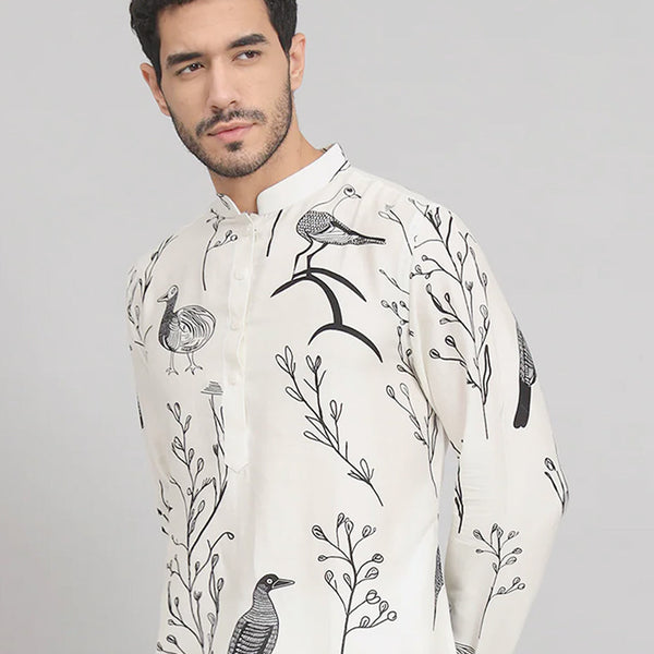 Feathered Birds Print Cotton Kurta by Hilo Design - Distacart