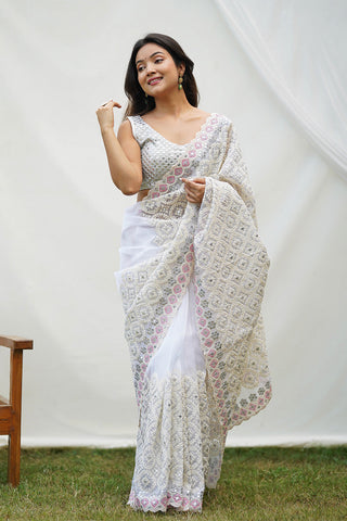 Teeya Creation Off White Color Soft organza Silk Heavy Work Saree - Distacart