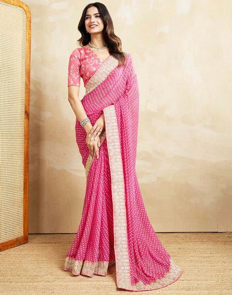 Joban Fashion Georgette Pink, White Color Bandhani Saree