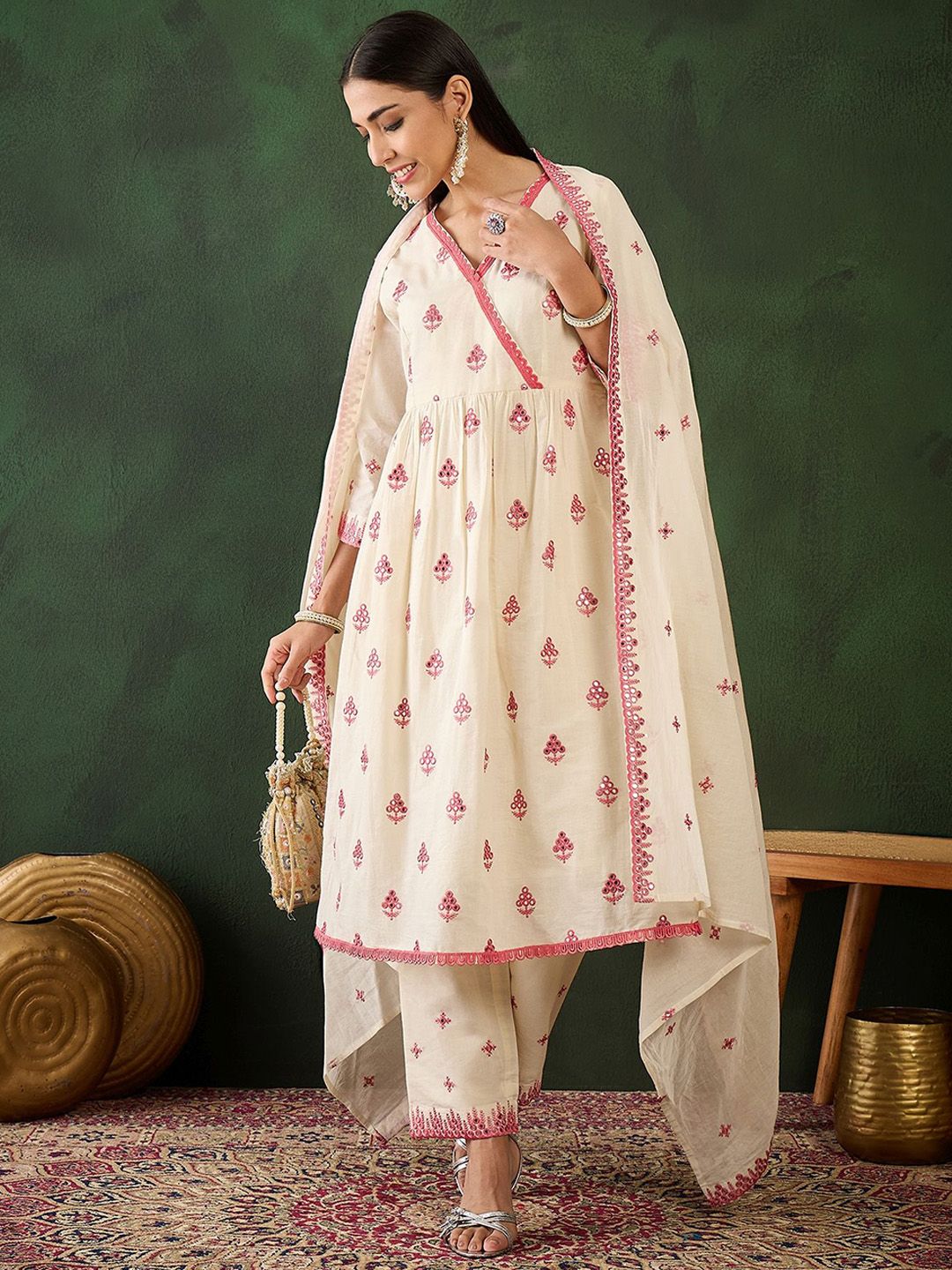 Sangria Off White Floral Embroidered Pure Cotton Mirror Work Kurta & Trouser With Dupatta