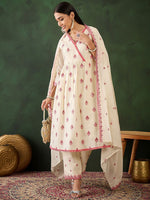 Thumbnail for Sangria Off White Floral Embroidered Pure Cotton Mirror Work Kurta & Trouser With Dupatta