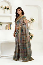 Thumbnail for Joban Fashion Dusty Green Floral & Ethnic Motifs Linen Ready To Wear Saree With Unstitched Blouse - Distacart