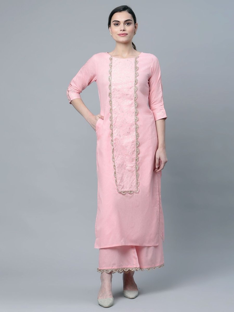 Ahalyaa Women's Baby Pink Pure Cotton Printed Kurta Palazzo Set