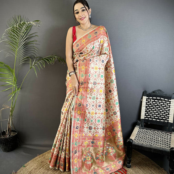 Joban Fashion Cream Banarasi Soft Silk Woven Saree