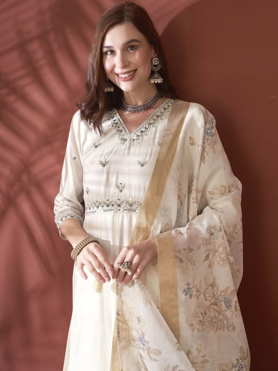 Anouk Floral Embroidered V-Neck Mirror Work Anarkali Kurta & Trousers With Dupatta - Distacart