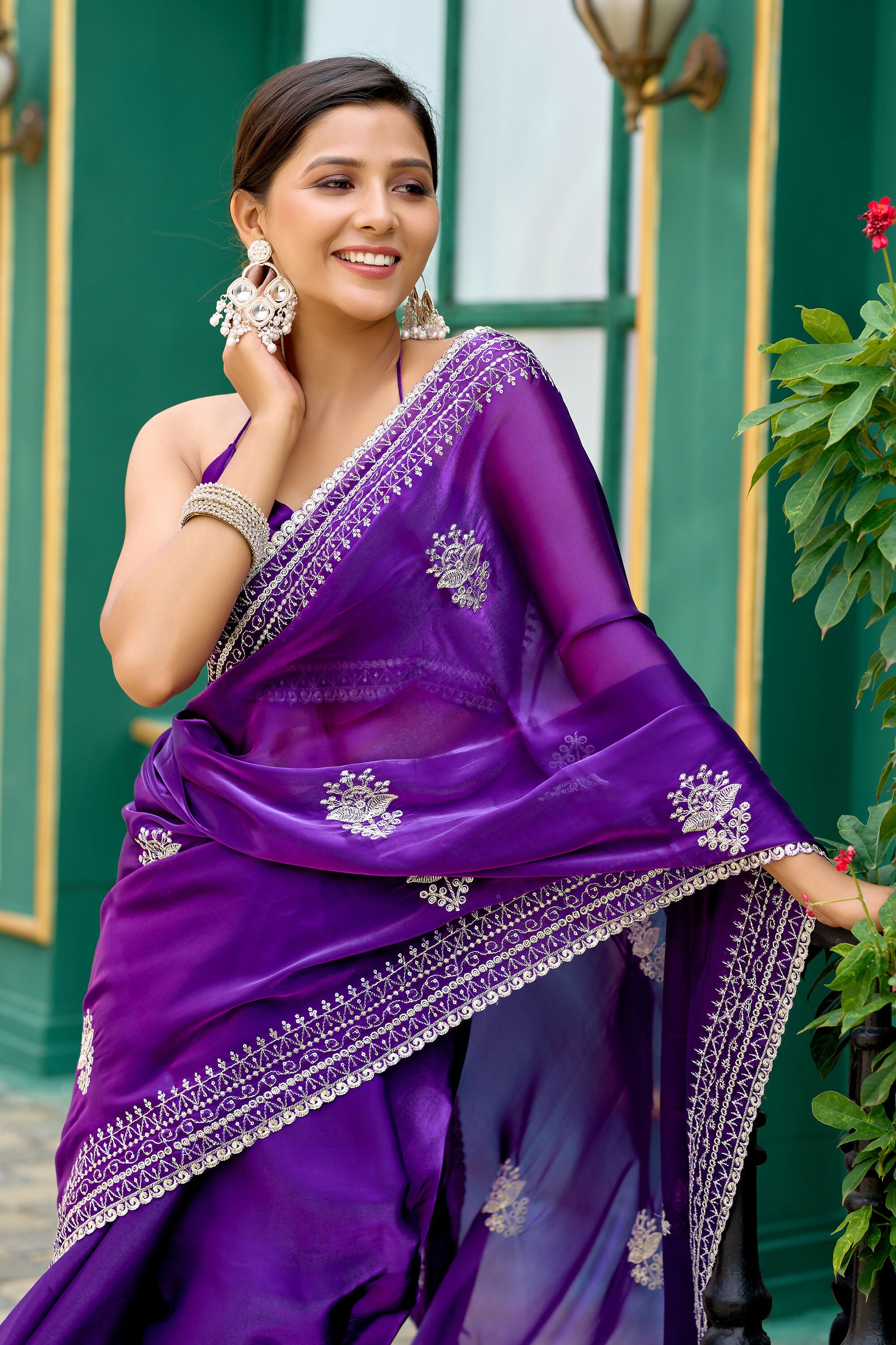 Vastranavya Purple-Blue Embroidery Work Shimmer Chiffon Saree with Unstitched Blouse
