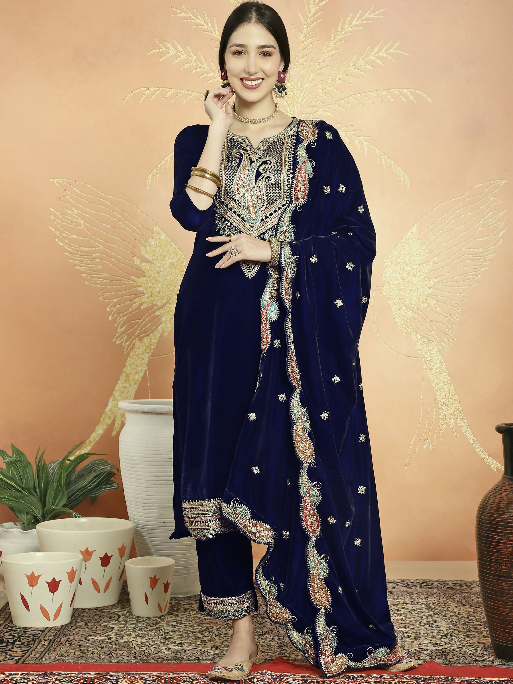 Jyoti Fashion Women's Navy Blue Velvet Cording with Resham Thread & Sequin Kurta with Trouser & Dupatta - Distacart